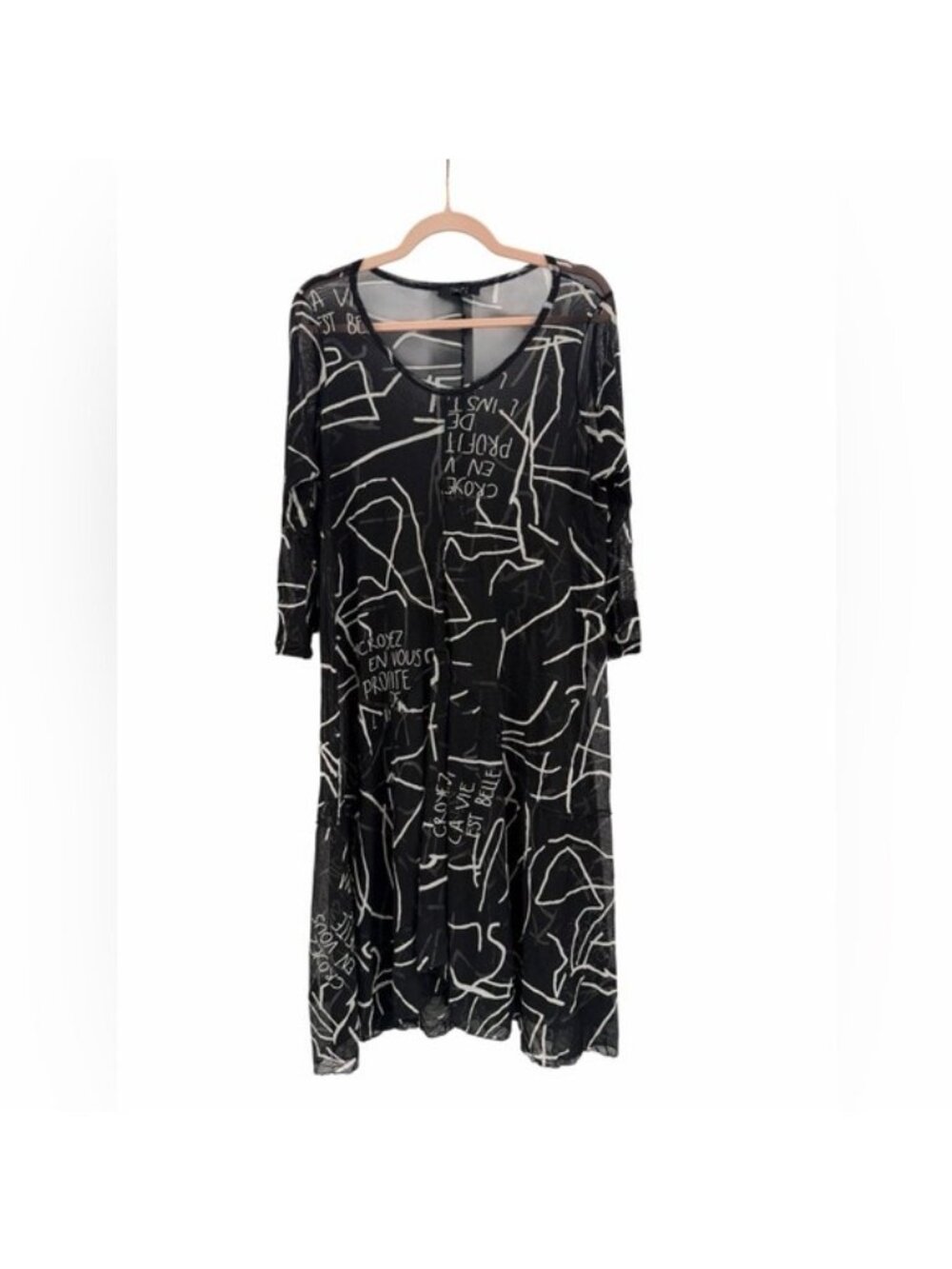 Comfy USA Abstract Print Tunic Dress Lagenlook Artsy Sheer Black White M